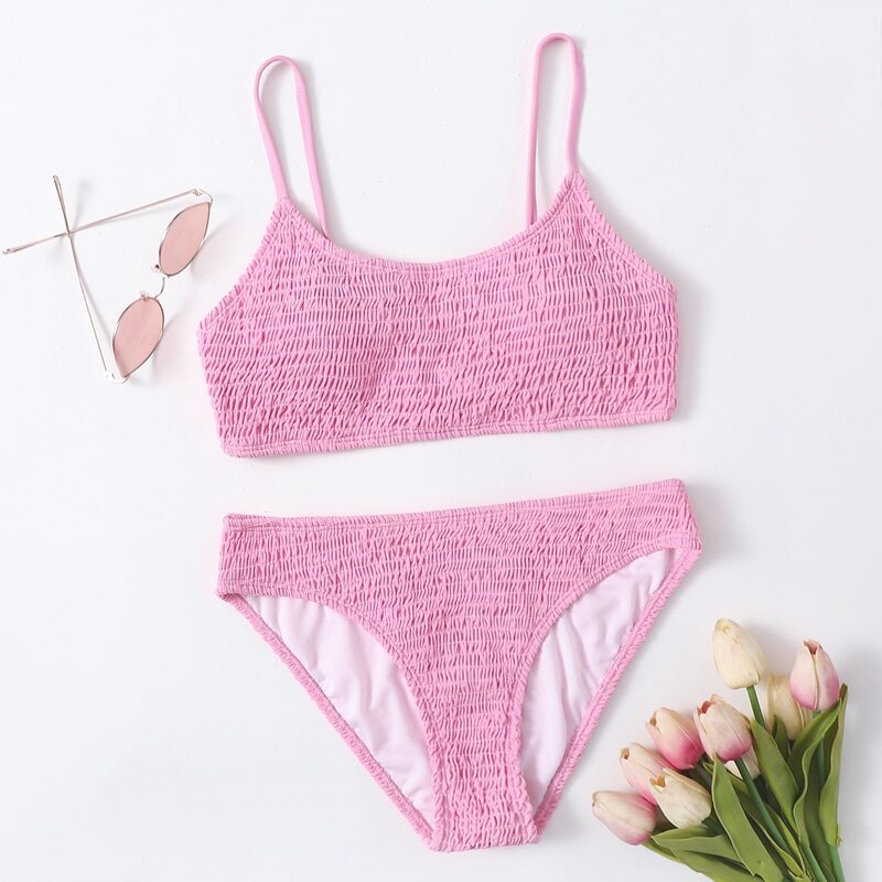 

Solid Shirred Bikini Swimsuit, Pink