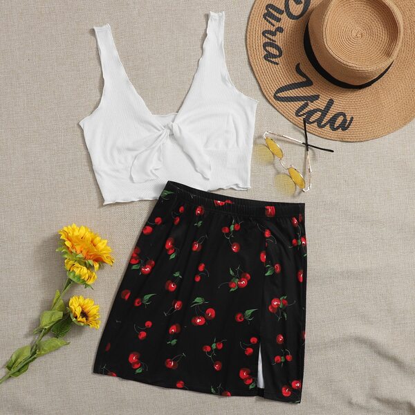 

Plus Knot Front Tank Top & Split Hem Cherry Print Skirt Set, Black and white