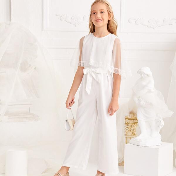 

Girls Contrast Mesh Belted Jumpsuit, White