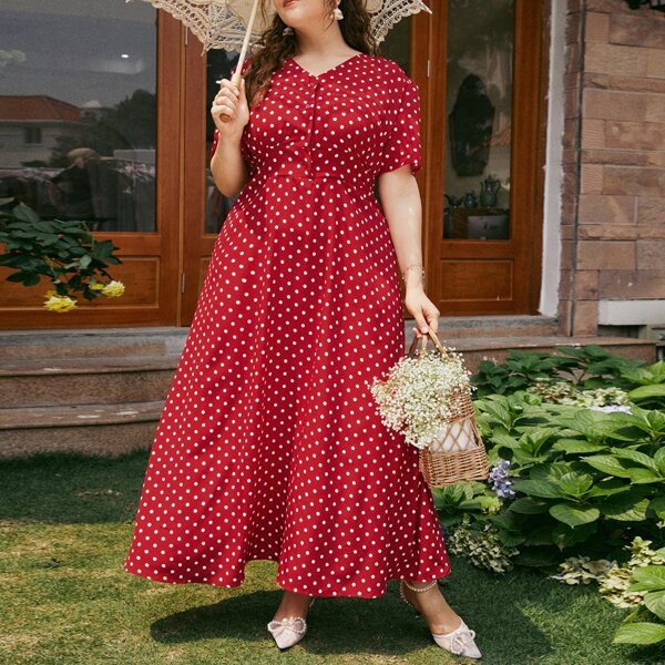 

Plus Polka Dot Puff Sleeve Dress, Red