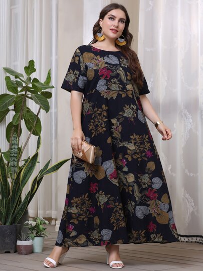فستان سموك مقاس كبير بطباعة زهر