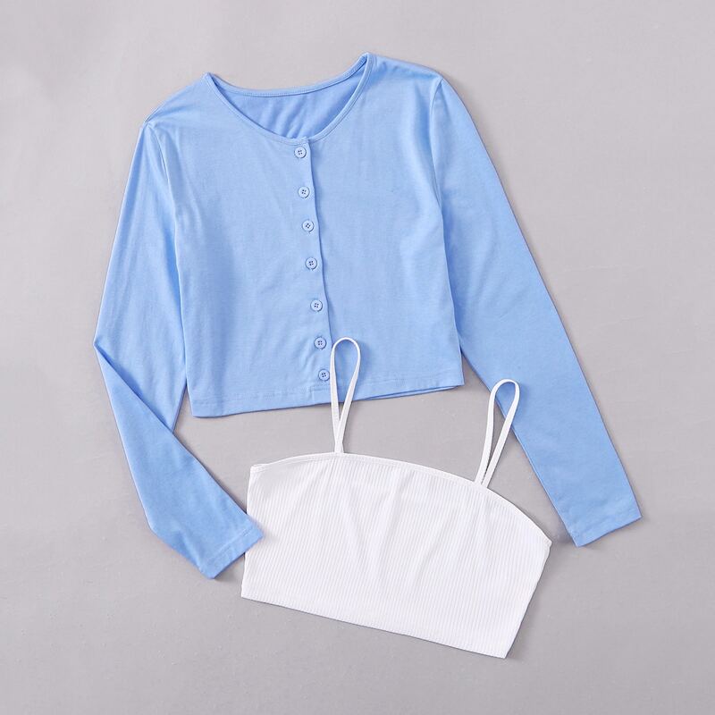 

Solid Crop Cami & Button Front Tee, Blue and white
