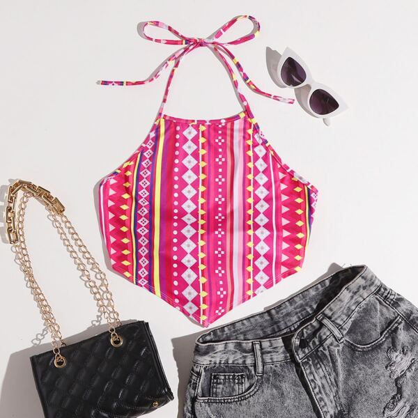 

Tied Open Back Graphic Print Halter Top, Multicolor