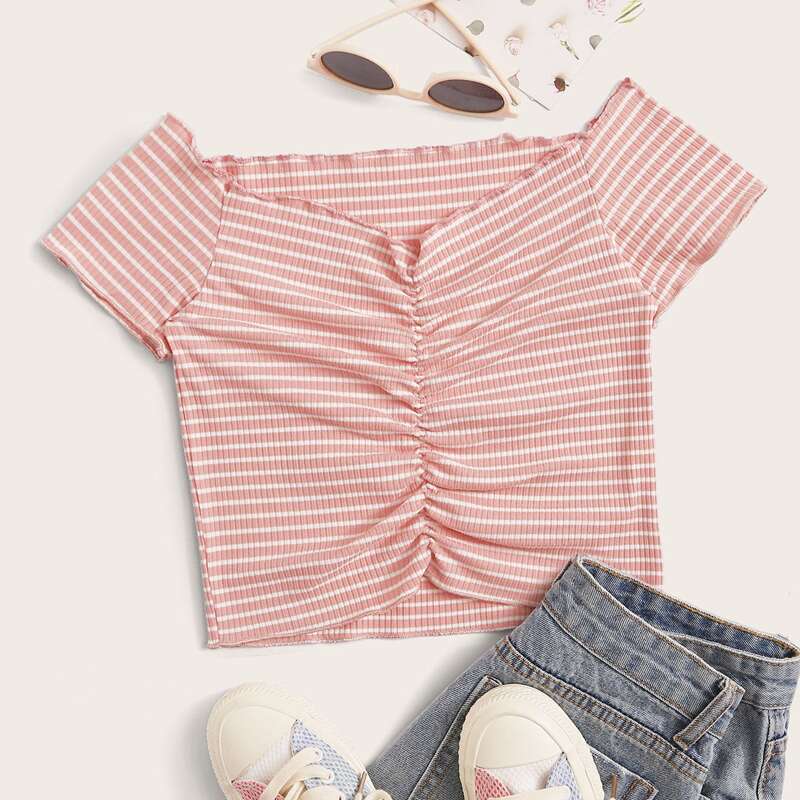 

Striped Ruched Ribbed Tee, Coral pink