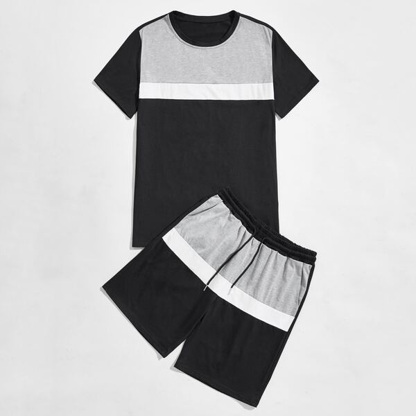 

Men Colorblock Tee With Drawstring Waist Track Shorts, Multicolor