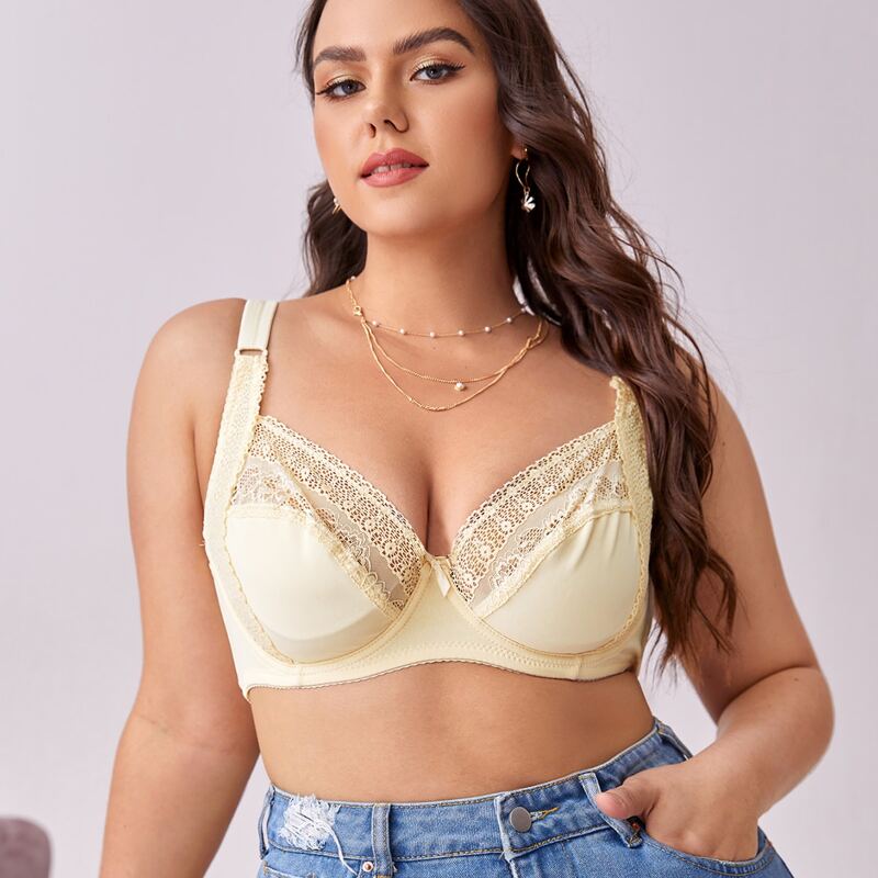 

Plus Contrast Lace Push Up Bra, Beige