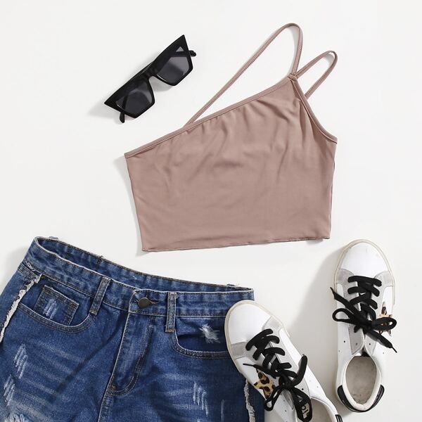 

Double Strap One Shoulder Crop Top, Apricot