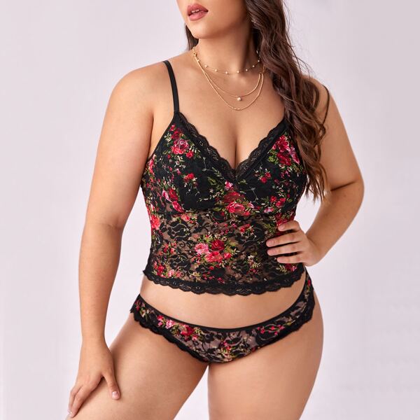 

Plus Floral Lace Lingerie Set, Black