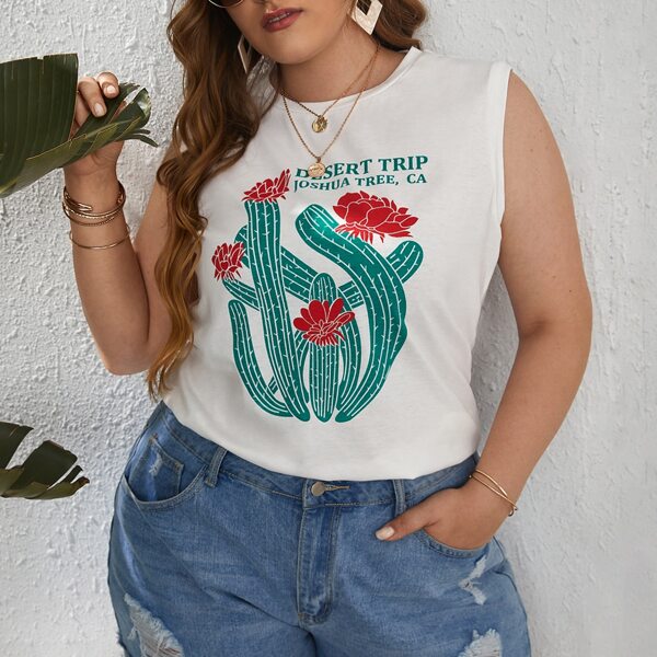 

Plus Cactus And Letter Graphic Tank Top, White