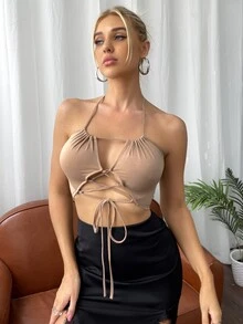 Top De Malla Atado Al Cuello Con Lazo - Caqui - Ver 5