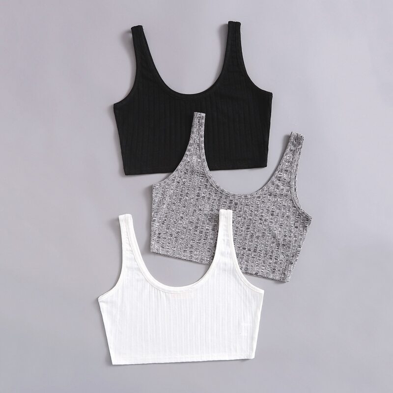 

3pcs Solid Ribbed Tank Top, Multicolor