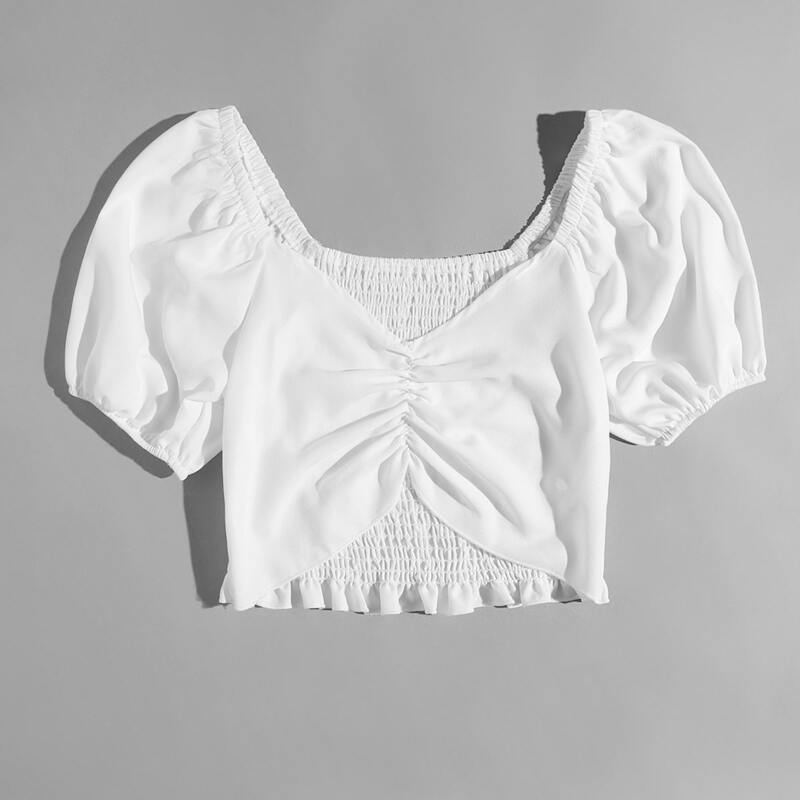 

Solid Shirred Ruched Crop Top, White