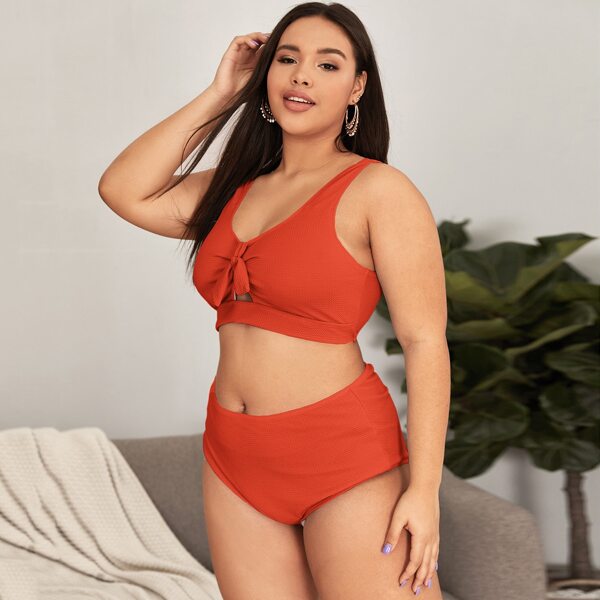 

Plus Knot Front High Waisted Bikini Swimsuit, Orange