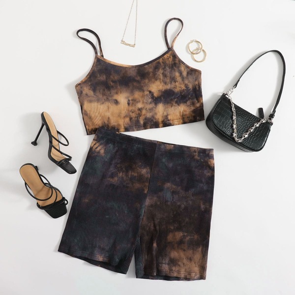 

Plus Tie Dye Rib-knit Crop Cami Top & Biker Shorts Set, Multicolor