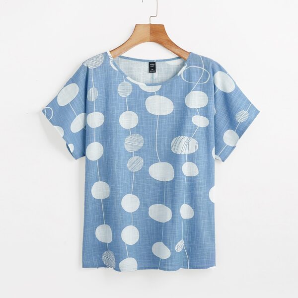 

Plus Polka Dot Round Neck Blouse, Baby blue