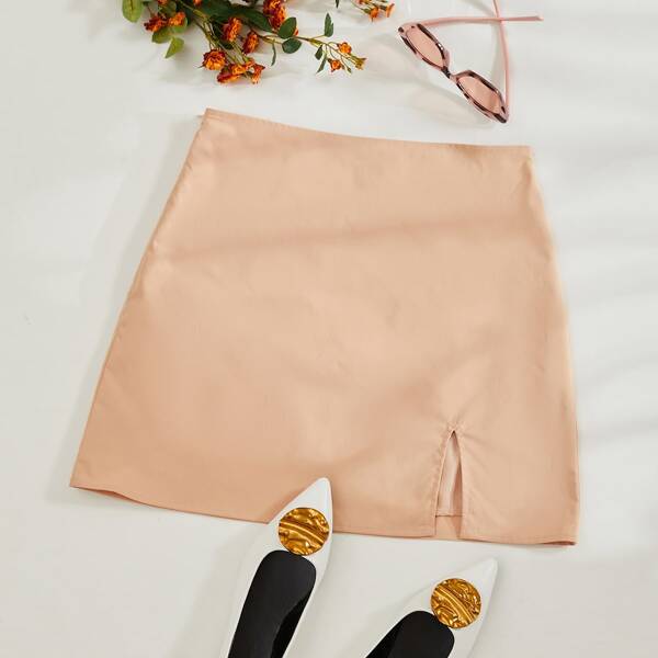 

Solid Split Hem Zipper Skirt, Apricot