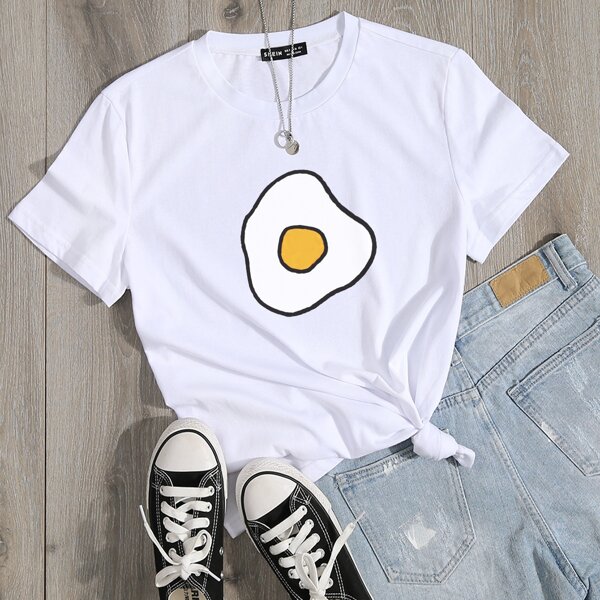 

Fried Egg Print Round Neck Tee, White