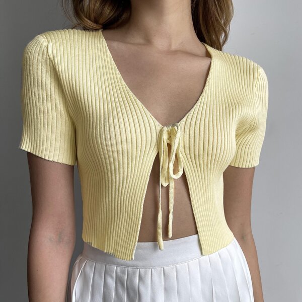 

Knot Front Rib Knit Cardigan, Yellow