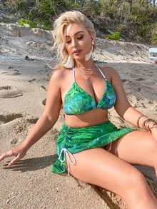 Plus Size 3packs Tropical Triangle Bikini Set & Beach Skirt Summer Beach - Green - View 3