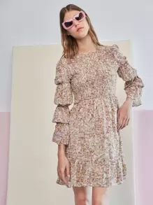 SHEIN 小碎花褶皺袖打褶上身連衣裙 - 彩色 - 查看 1