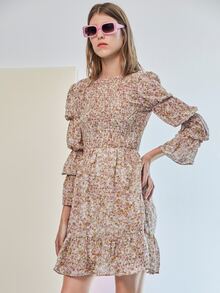 SHEIN 小碎花褶皺袖打褶上身連衣裙 - 彩色 - 查看 4