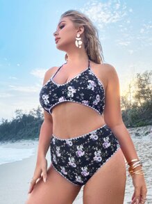 Plus Size Floral Whip Stitch High Waisted Bikini Set Summer Beach - Multicolor - View 1