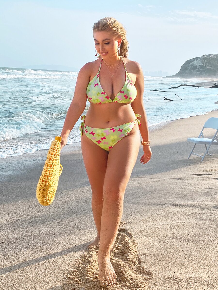 Plus Size Butterfly Print Triangle Tie Side Bikini Set Summer Beach - Multicolor - View 1