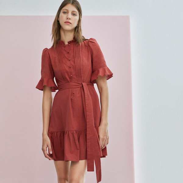 

Buttoned Front Fold Pleated Self Belted Dress, Redwood