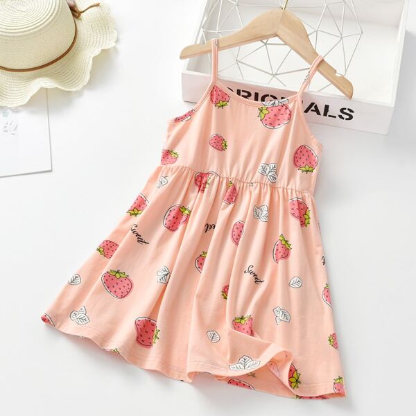

Toddler Girls Letter And Strawberry Print Cami Dress, Pink