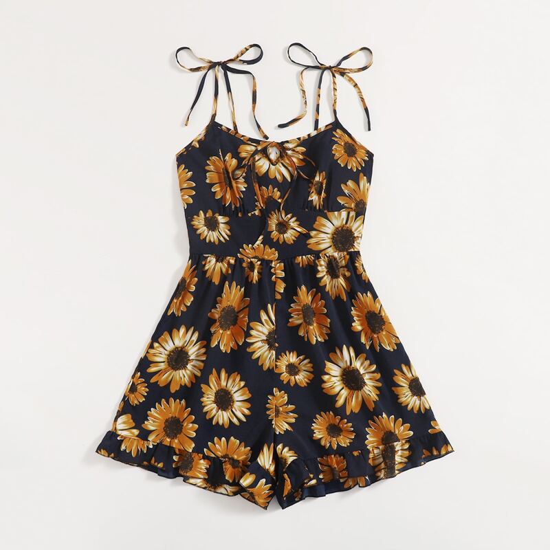 

Sunflower Print Tie Shoulder Romper, Navy blue