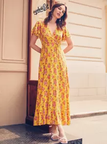 Vickie Chiang Đầm Thắt lưng Hoa Thanh lịch - Màu vàng - Xem 4