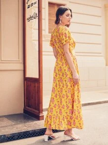 Vickie Chiang Đầm Thắt lưng Hoa Thanh lịch - Màu vàng - Xem 3