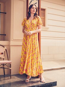 Vickie Chiang Đầm Thắt lưng Hoa Thanh lịch - Màu vàng - Xem 1