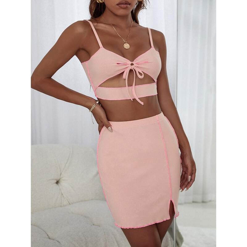 

Knot Front Cut Out Cami Top With Skirt Lounge Set, Baby pink