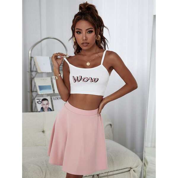 

Letter Graphic Crop Cami Top With Skirt Lounge Set, Multicolor