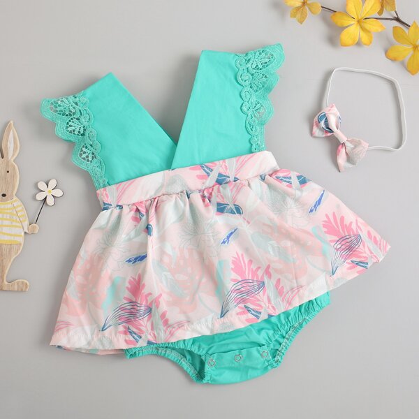 

Baby Girl Tropical Print Lace Trim Combo Dress & Headband, Multicolor