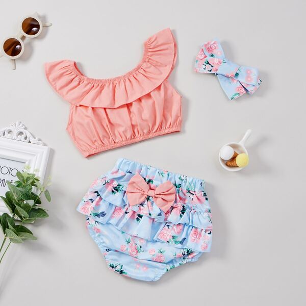 

Baby Girl Flounce Trim Crop Top & Floral Bow Front Shorts & Headband, Multicolor