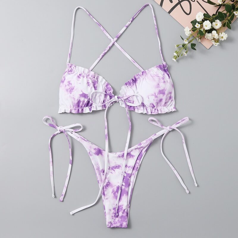 

Tie Dye Frill Trim Tie Side Bikini Swimsuit, Mauve purple