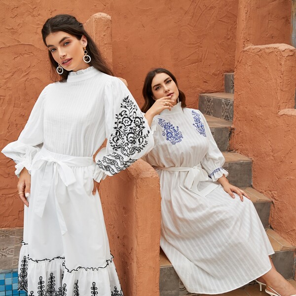 

1 PC Floral Embroidery Self Belted Top, White