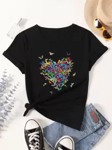 SHEIN Unity 蝴蝶圖案小圓領T恤 - 黑色 - 查看 1