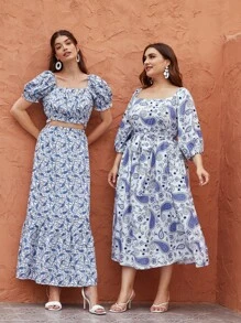 SHEIN 1 Top Rüschen-Puffärmeln und Paisley Muster & 1 Rock