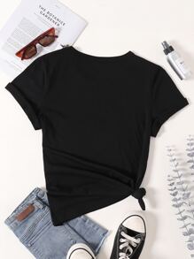 SHEIN Unity 蝴蝶圖案小圓領T恤 - 黑色 - 查看 2