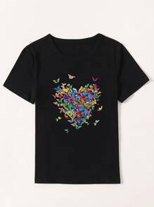 SHEIN Unity 蝴蝶圖案小圓領T恤 - 黑色 - 查看 3