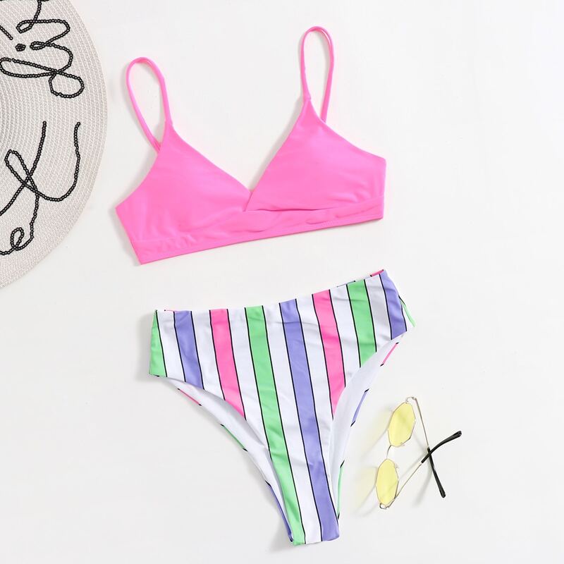 

Striped Print Bikini Swimsuit, Multicolor