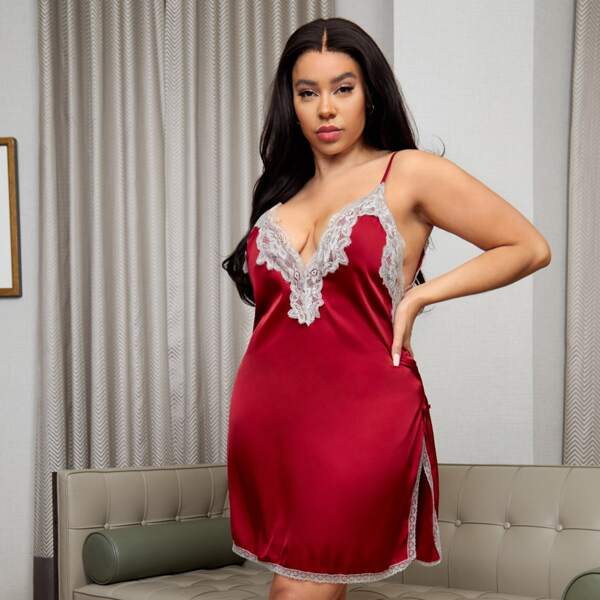 

Plus Lace Trim Satin Slips With Thong, Burgundy