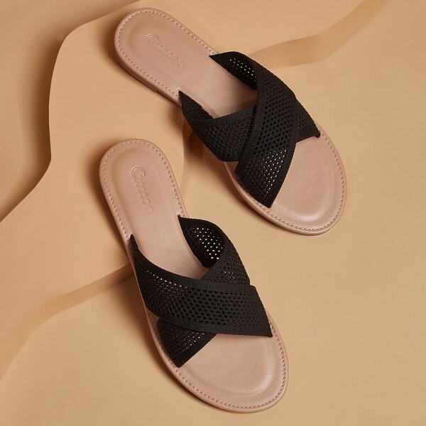 

Cross Strap Slide Sandals, Black