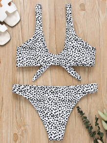 Dalmatian Knot Front Bikini Set, For Summer Beach Vacation - Black and White - View 2
