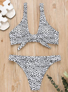 Dalmatian Knot Front Bikini Set, For Summer Beach Vacation - Black and White - View 3