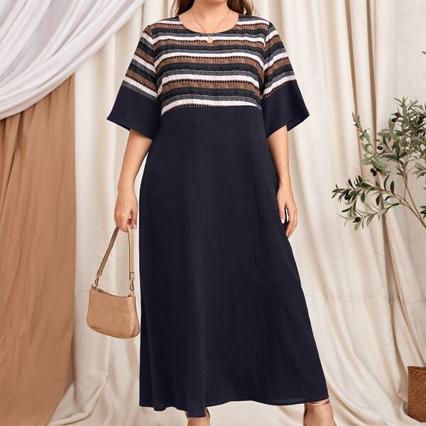 

Plus Striped Geo Print Dress, Navy blue