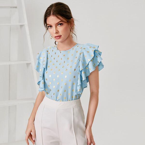 

Gold Polka Dotted Layered Ruffle Trim Blouse, Baby blue